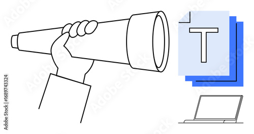 Hand holding telescope, digital document layers with T, and open laptop. Ideal for exploration, research, innovation, education, analysis, content creation simple landing page