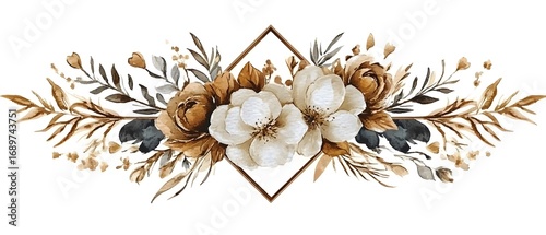 Elegant Watercolor Floral Arrangement Brown Beige Flowers Geometric Frame