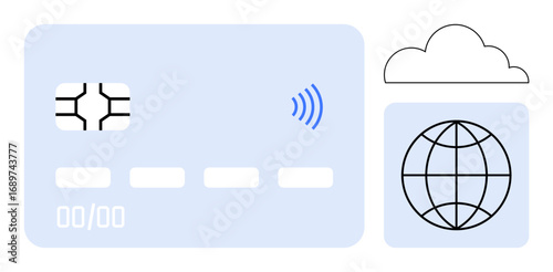 Credit card with NFC wireless wave, globe in square, and cloud element representation. Ideal for digital payments, online banking, fintech, global finance, security technology IT. Simple flat