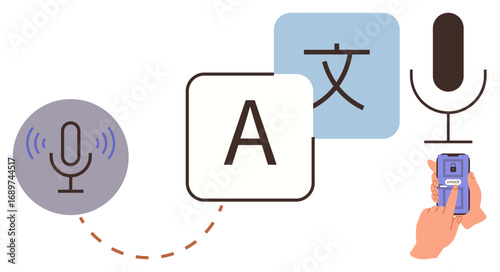 Microphones, language icons, and a smartphone connected by dotted lines represent speech recognition, text conversion, and multilingual translation. Ideal for communication, AI, technology, language