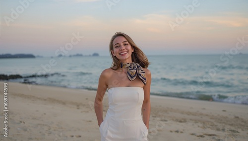 Elegant woman in white strapless jumpsuit with scarf smiling on beach at sunset