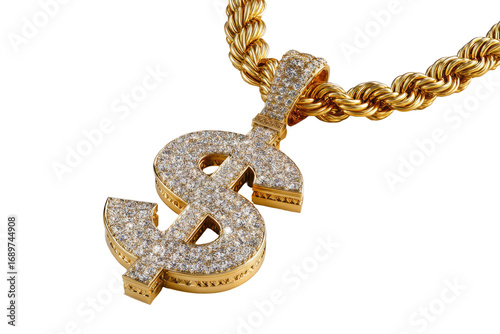 Gold rope chain with diamond-encrusted dollar sign pendant