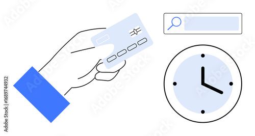 Hand holding credit card, clock indicating time, and search bar suggesting online transactions, time efficiency, and digital tools. Ideal for e-commerce, banking, fintech, scheduling technology