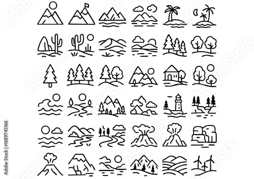"Minimalist Landscape Vector Icon Collection", "Nature and Scenery Line Art Icons", "Mountain, Forest, and Ocean Vector Set"