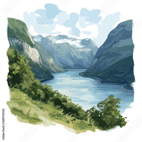 Geirangerfjord. Geirangerfjord watercolor vector illustration