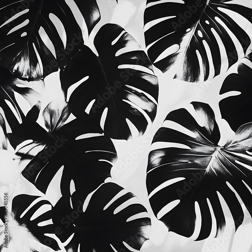 Monochrome Monstera Leaves Botanical Print Background
