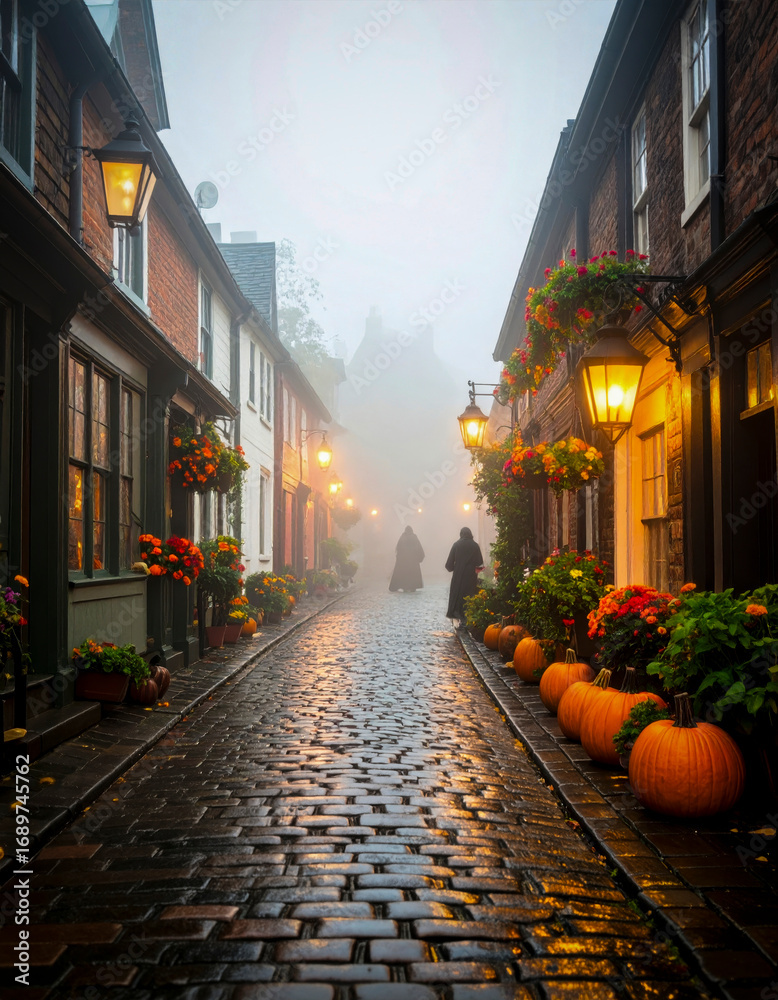 Fototapeta premium Calle adoquinada iluminada con faroles y decorada con calabazas de otoño