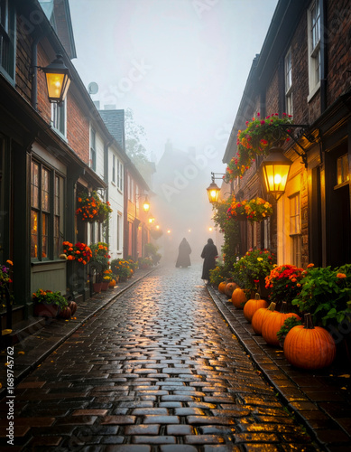 Calle adoquinada iluminada con faroles y decorada con calabazas de otoño