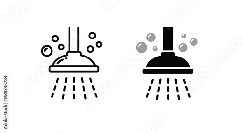 Vector illustration of shower head with water drops and bubbles isolated on white