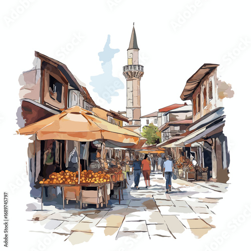 Skopje Old Bazaar. Skopje Old Bazaar watercolor vector illustration