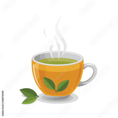 Vector Illustration of Tea Cup with Green Tea and Tea Leaves in Modern Organic Style