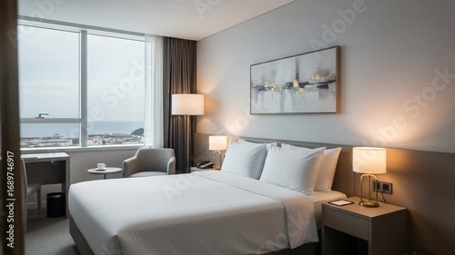 Contemporary Hotel Room with City View and Serene Atmosphere, Modern Comfort