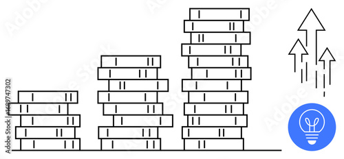 Stacks of coins symbolizing wealth accumulation, decreasing to increasing, with growth arrows and light bulb icon. Ideal for finance, savings, innovation, investment, business growth, progress