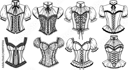 Set of Vintage Corset Top Vector Sketches, Romantic Gothic Fashion Illustrations, Hand-Drawn Historical Costume Design for Halloween and Dark Academia Style
