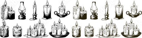Set of Hand-Drawn Candle Sketches Collection, Vector Illustrations of Burning Wax, Oil Lamp and Paraffin Candles for Aromatherapy, Meditation, Home Decor and Vintage Halloween Design Elements
