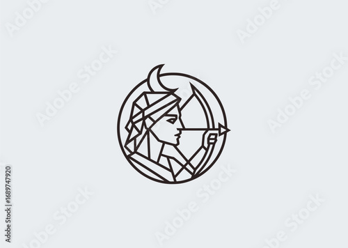 A geometric style line art Artemis logo, symbolizing the moon, hunting, and the guardian of wildlife in Greek mythology