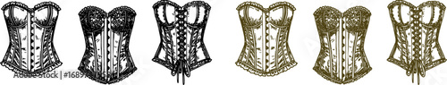 Set of Vintage Corset Top Vector Sketches, Romantic Gothic Fashion Illustrations, Hand-Drawn Historical Costume Design for Halloween and Dark Academia Style