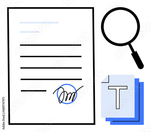 Signed paper, magnifying glass, and stacked pages symbolize scrutiny, legal processes, contracts, and archival. Ideal for business, law, documentation validation auditing compliance simple