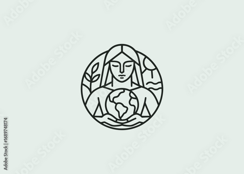 A geometric style line art Gaia logo, symbolizing the goddess of Earth, fertility, and the eternal source of life