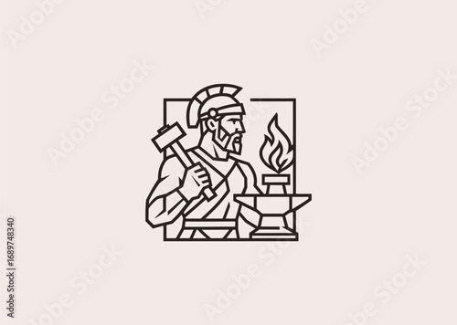 A Hephaestus line art logo, representing fire, craftsmanship, and the divine blacksmith of Olympus