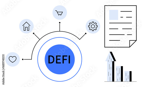 DEFI hub connecting finance, home, shopping, gear, and heart icons. Document and bar growth chart highlight innovation. Ideal for finance, tech, blockchain investment economics fintech simple