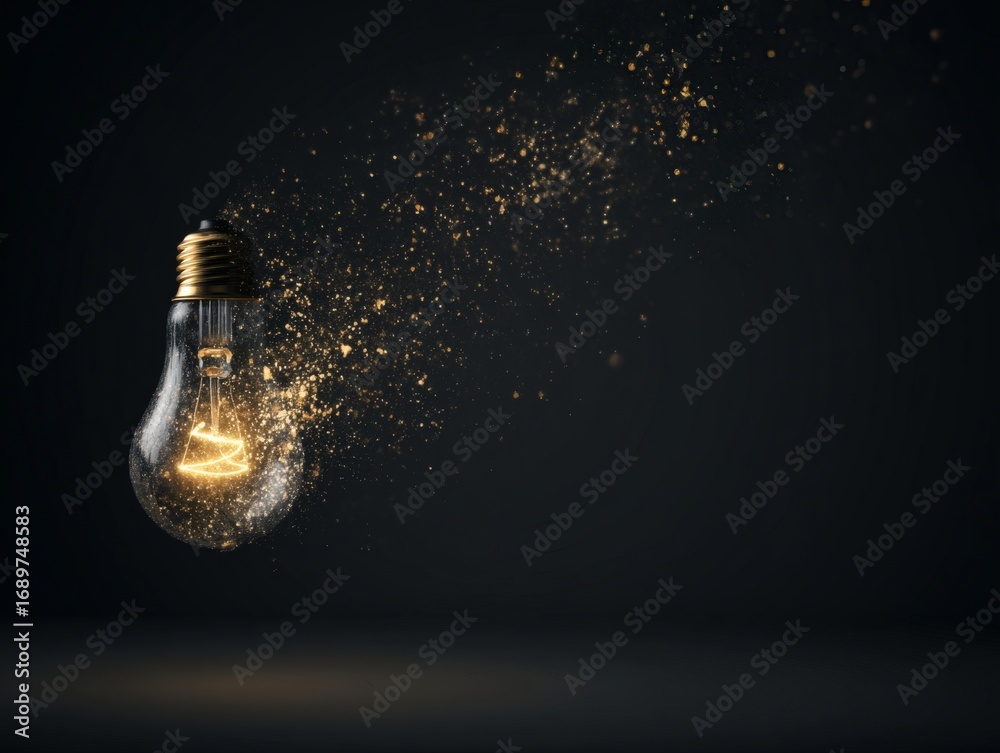 Obraz premium A glowing lightbulb suspended in darkness, surrounded by golden particles for an abstract effect.