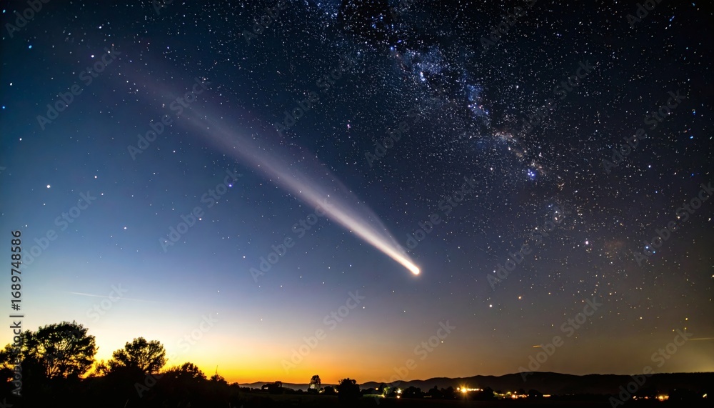 Fototapeta premium Comet Observation in the Night Sky, Astrophotography, Rural Landscape, Awe-Inspiring View