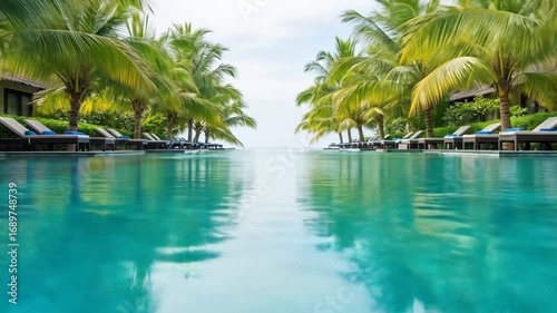 Serene tropical hideaway resort and blue azure swimming pool with palms