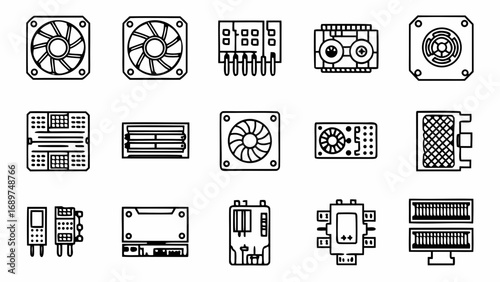 Computer hardware components fans ram cpu gpu motherboard and connectors for pc building and upgrades ai generated  on transparent background silhouette