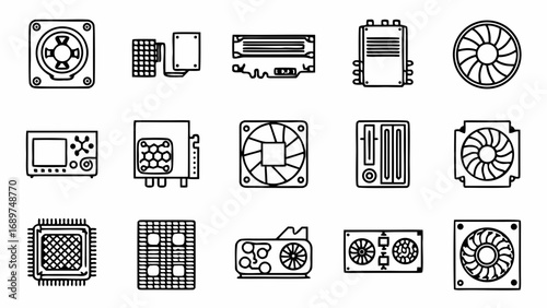 Computer components cooling system fans motherboard cpu gpu ram power supply cooler heatsink pc hardware ai generated  on transparent background silhouette