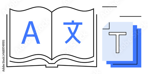 Open book with multilingual characters, stacked documents, and text symbolizing translation, language learning, communication, text processing, education, global reach, simple landing page