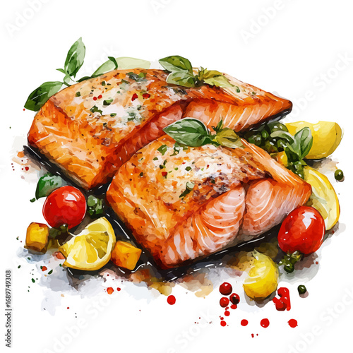 Grilled Salmon, watercolor painting vector, isolated on a white background.
