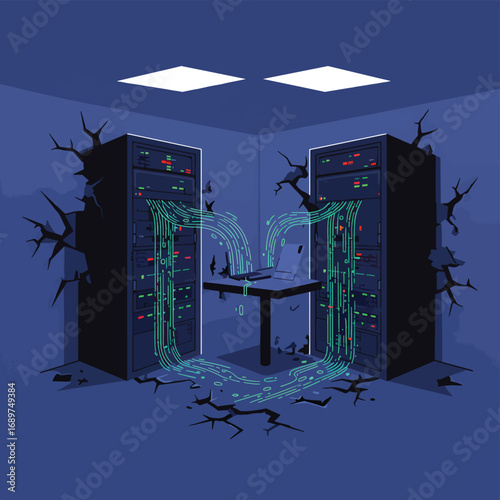 Vector Illustration of Cracked Server Room with Digital Data Streams in Cyberpunk Style