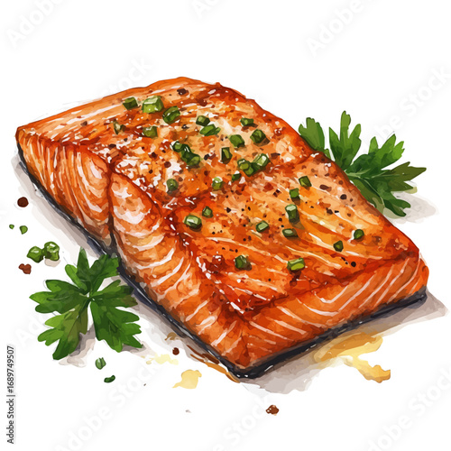 Grilled Salmon, watercolor clipart vector, isolated on a white background.