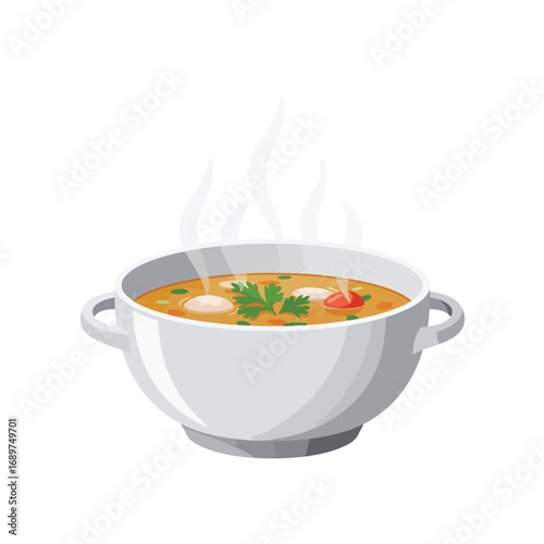 Vector Illustration of Hot Soup Bowl with Vegetables in Modern Minimalist Style Bright Colors