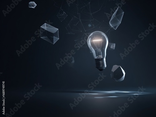 Glowing Lightbulb with Orbiting Geometric Shapes, Innovation Concept