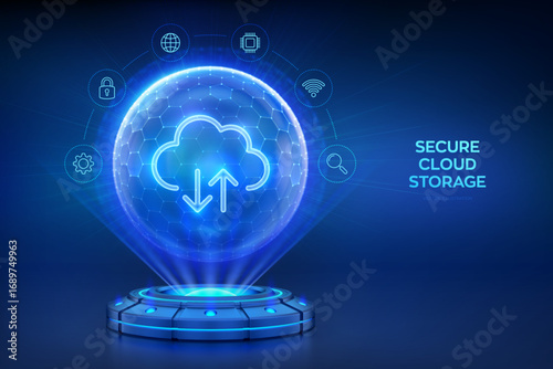 Secure Cloud Storage. Cloud computing. Database, Data center protection. Holographic platform with glowing rays projecting Cloud icon inside sphere shield with hexagon pattern. Vector illustration.
