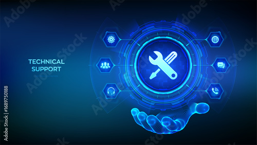 Technical support icon in wireframe hand. Customer help. Tech support. Customer service, Business and technology concept. Tech support assistance. 24 hours servises. 24-7 support. Vector illustration.