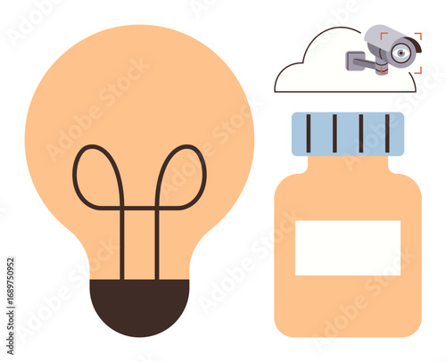 Light bulb as creativity, surveillance camera in cloud for security, and medicine jar for health. Ideal for innovation, safety, privacy, cloud technology, healthcare, concepts and modern solutions