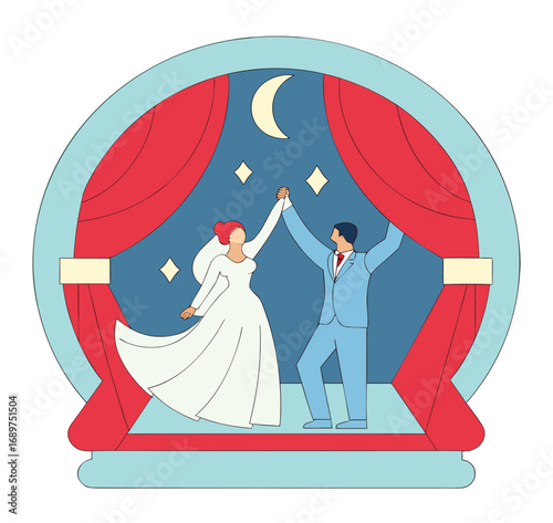 Elegant line art illustration of a bride in a flowing wedding dress