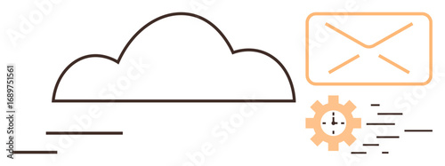Cloud, envelope representing email, and gear with clock highlighting data storage, email management, time tracking, automation, messaging, productivity streamlined secure processes. Simple flat