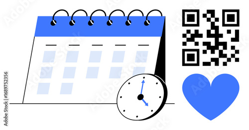 Spiral calendar, clock, QR code, and heart symbolizing time organization, planning, digital access, and priorities. Ideal for scheduling, productivity appointments reminders digital tools time