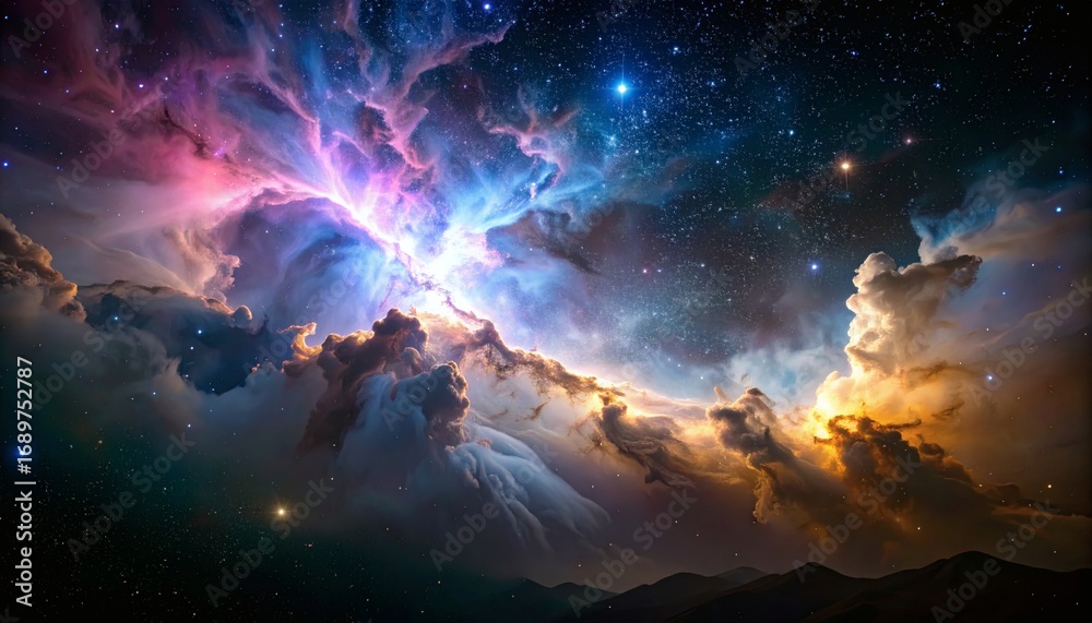 Naklejka premium Cosmic Clouds and Stars in a Starry Sky, Night Landscape, Digital Artwork Viewpoint
