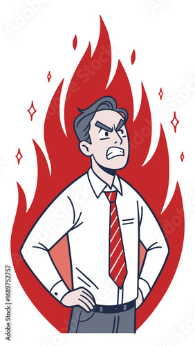 Cartoon Businessman Surrounded by Flames Expressing Intense Anger and Frustration