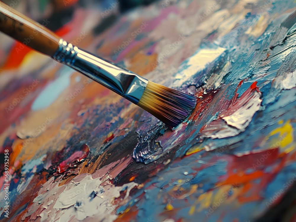 Fototapeta premium Close-up Paintbrush Mixing Vibrant Oil Colors on Palette
