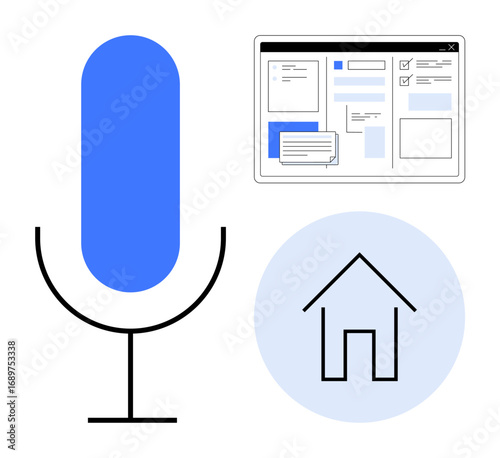 Blue microphone, digital interface with windows and cards, minimalist house icon. Ideal for smart home technology, voice assistant, IoT, home automation, digital communication, speech recognition
