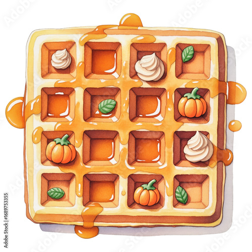 A delectable, appetizing, and inviting artistic waffle is drizzled with maple syrup, embellished with charming pumpkin and cream, showcasing the essence of a beautiful illustration.