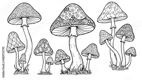 Enchanting mushroom cluster with intricate patterns for artistic coloring pages and whimsical designs