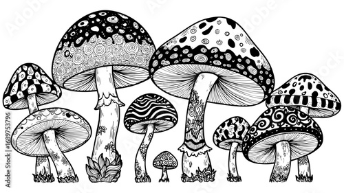 Intricate mushroom line art illustration is perfect for coloring books and creative projects