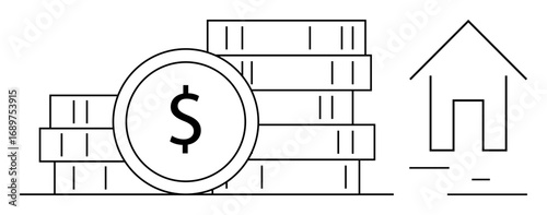 Stack of coins with dollar sign beside a simple house outline. Ideal for finance, investment, real estate, mortgage, savings, homeownership, loans. Perfect for a simple landing page